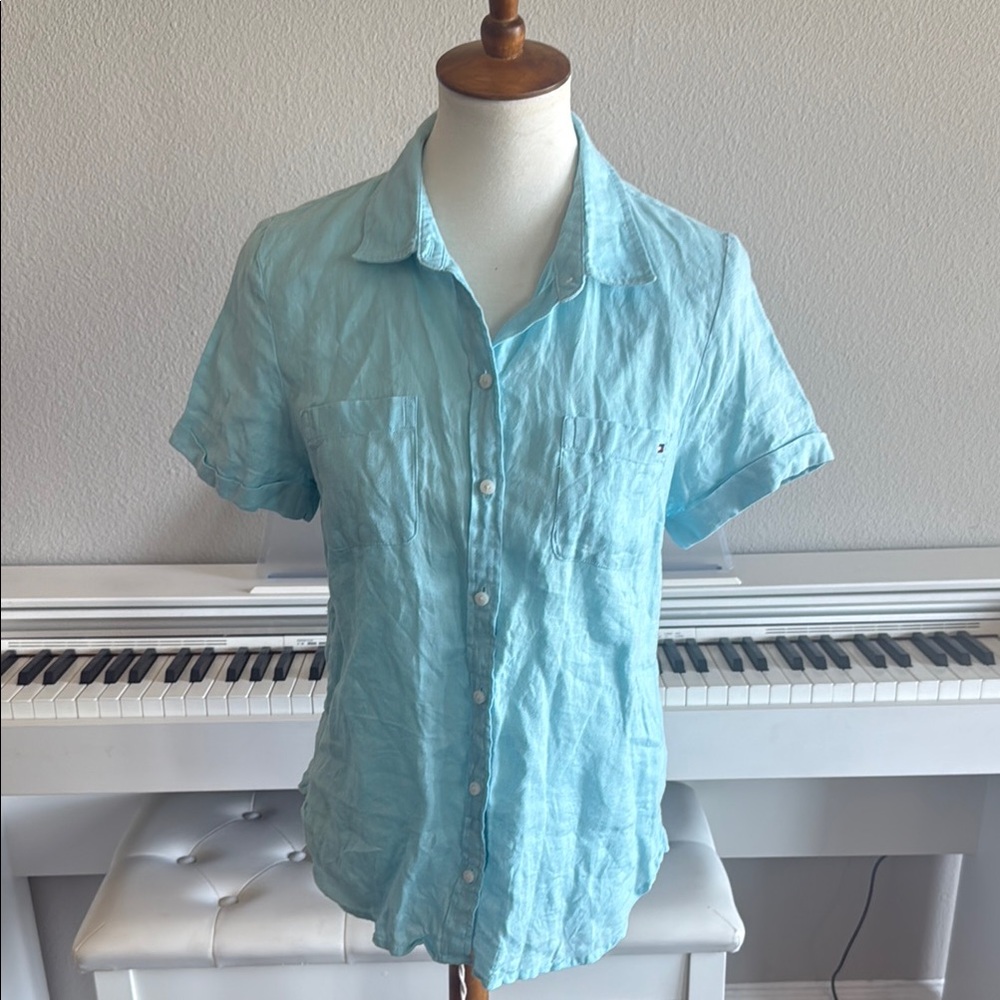 Tommy Hilfiger Light Blue Linen CuffedShort Sleeve Button-Up Ladies Small